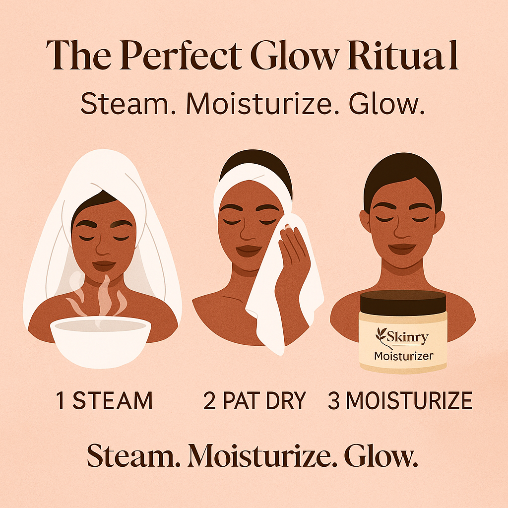 Illustrated three step guide showing steaming patting dry and applying Skinry moisturizer how to steam and moisturize your face