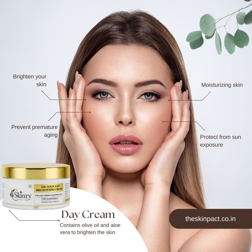21K gold brightening cream jar with gold lid beside a woman showing hydrated glowing skin benefits