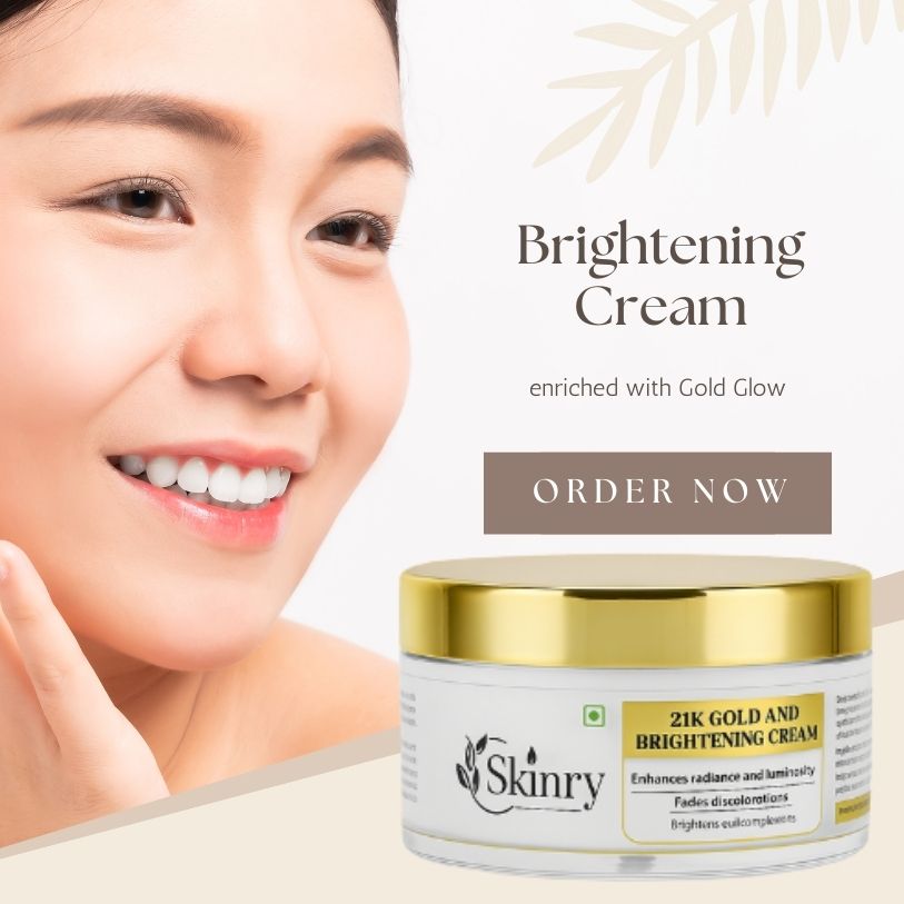 Smiling woman beside jar of Skinry 21K gold brightening cream in gold lid for radiant facial skin
