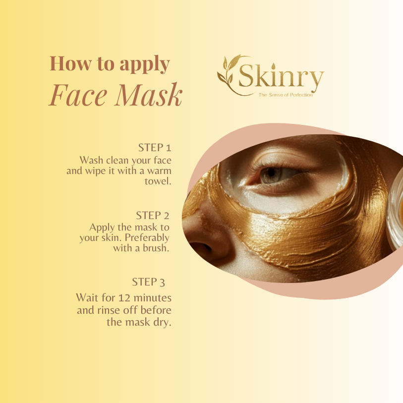 Instructions on how to apply 24K GOLD FACE MASK with close-up of golden face mask on skin