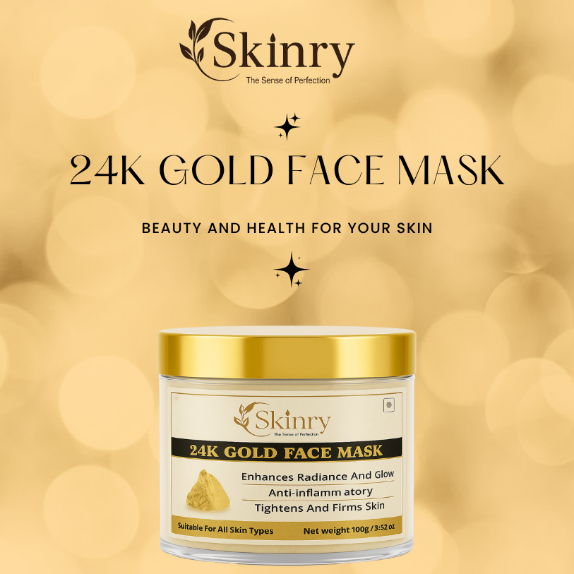Skinry 24K GOLD FACE MASK jar with gold lid for enhancing skin radiance and firming skin