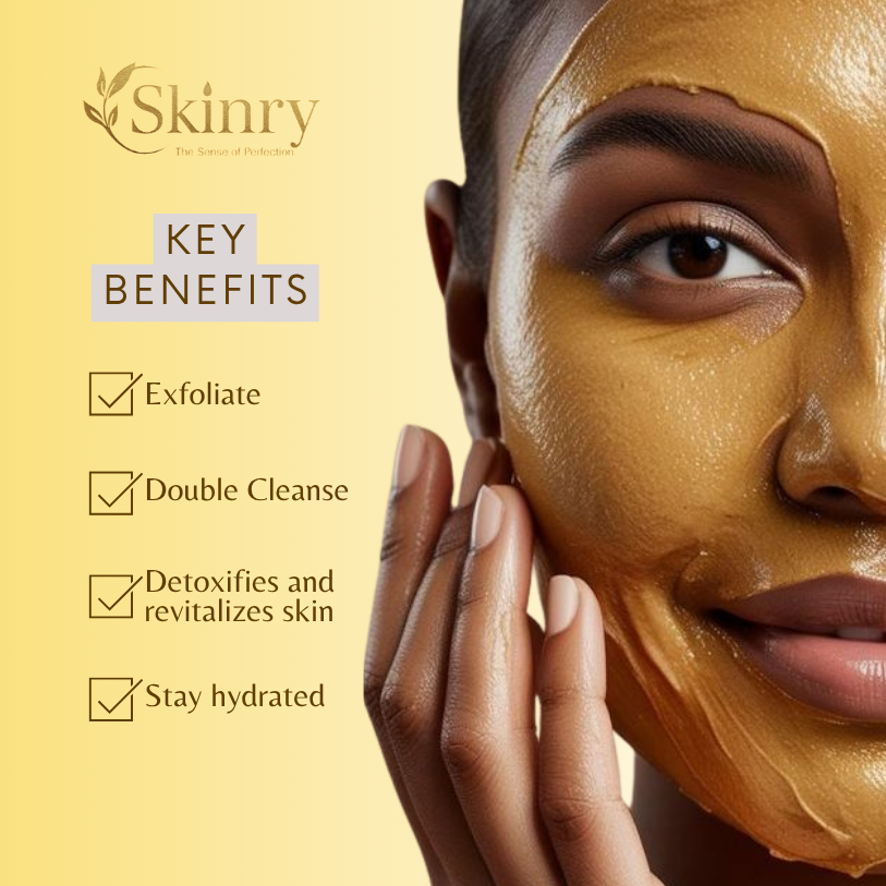 Close-up of a woman applying 24K GOLD FACE MASK showing exfoliate and hydrate benefits