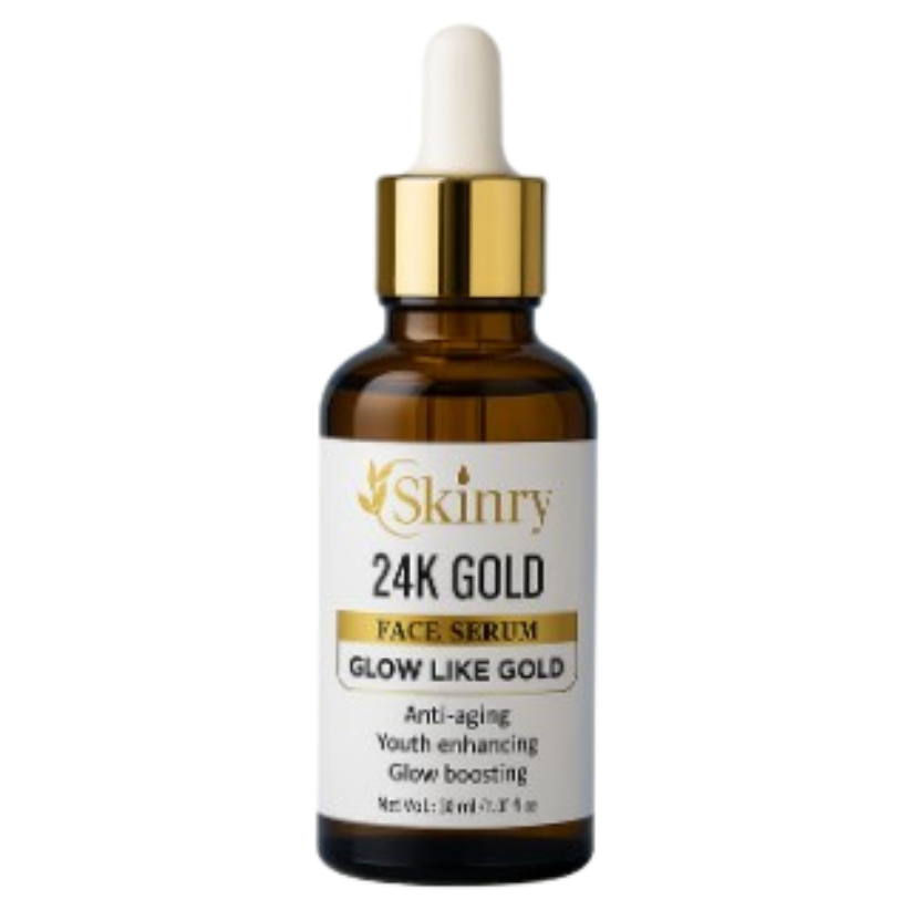 24K Gold Face Serum in brown glass bottle with gold dropper for anti-aging and glow boosting