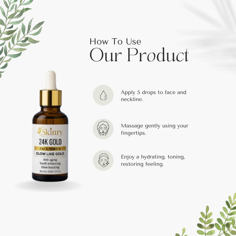 24K Gold Face Serum bottle with usage instructions for applying, massaging, and hydrating skin