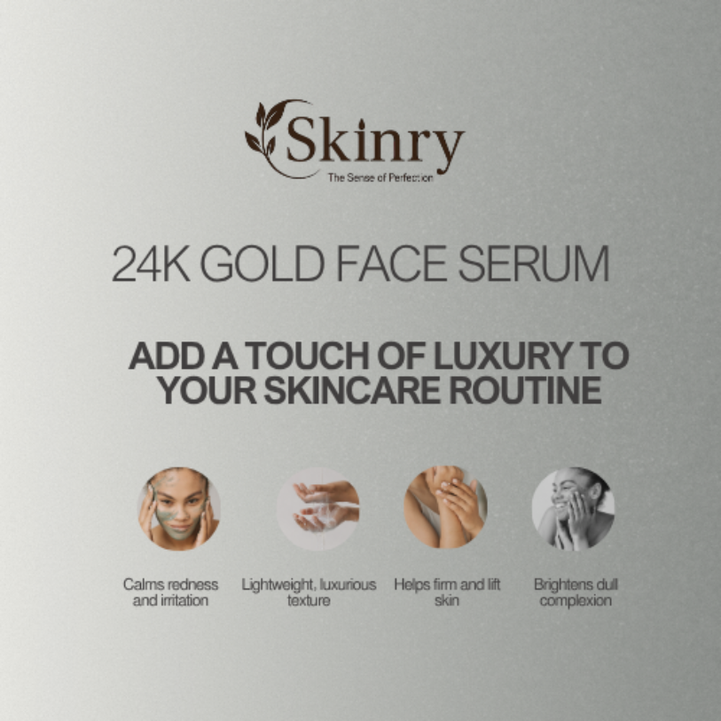 Skinry 24K Gold Face Serum promoting luxury skincare benefits like calming redness and brightening complexion