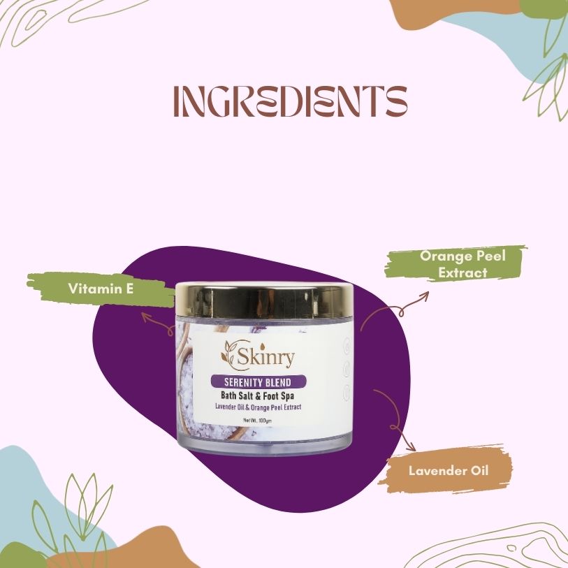 Skinry Store Serenity Blend jar of bath salt and foot spa with lavender oil orange peel extract and vitamin E
