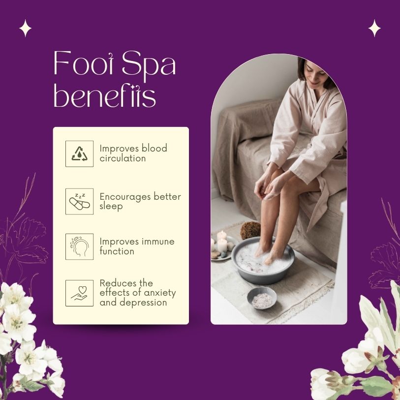 Woman soaking feet in a bowl foot spa beside a benefits panel promoting bath salt and foot spa relaxation