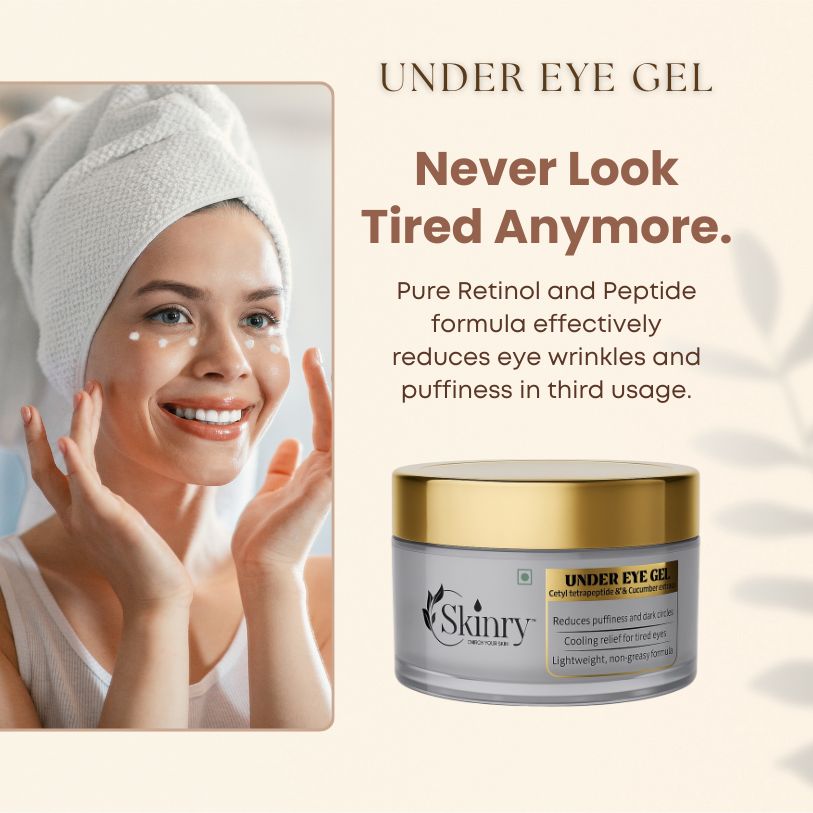 Skinry Store under eye gel jar and smiling woman applying cream dots best eye gel for puffiness