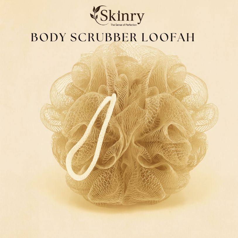 Beige mesh bath puff with hanging loop for exfoliation body scrubber loofah for gentle cleansing