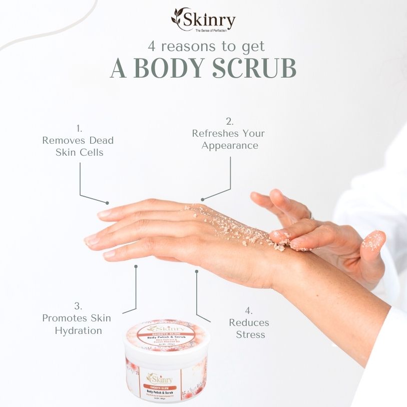 Hands applying body scrub from jar with benefit callouts and product label highlighting gentle exfoliator for smooth skin