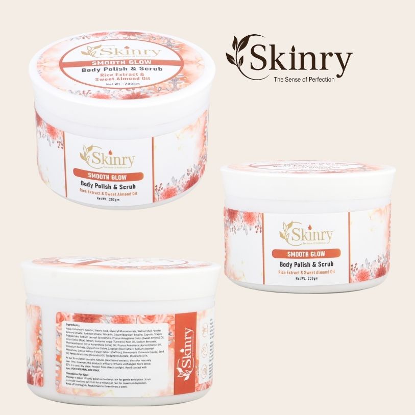 Skinry Smooth Glow body polish and scrub three jars gentle exfoliator for smooth skin with nourishing floral scent