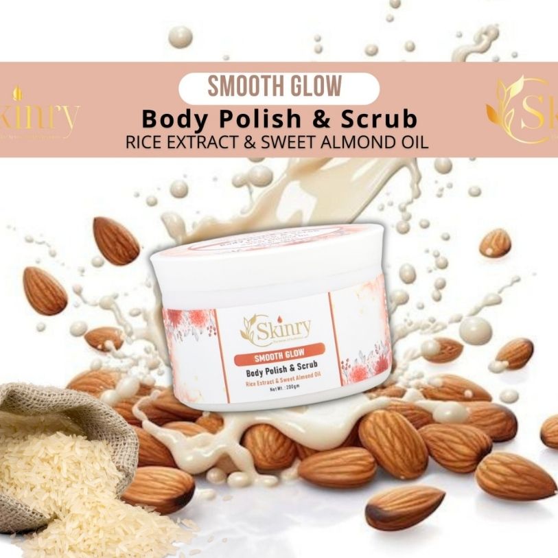 My Store Smooth Glow Body Polish jar with almonds and rice gentle exfoliator for smooth skin