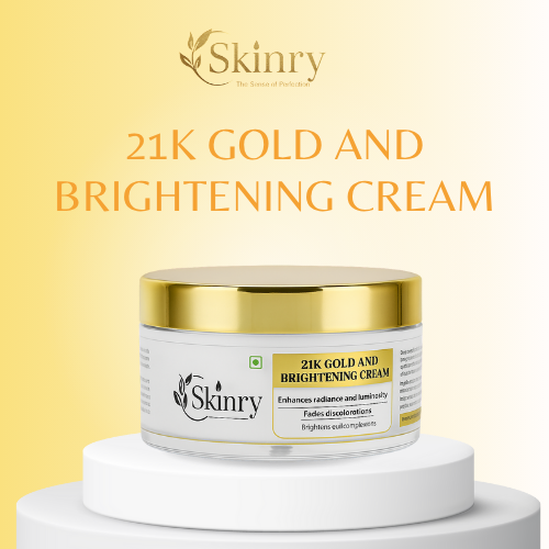 Skinry 21K Gold and Brightening Cream jar with gold lid on white pedestal gold background gold facial kit for Rakhi