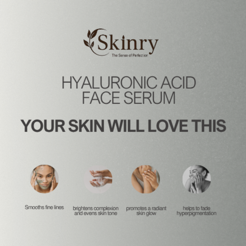 Skinry Hyaluronic Acid Face Serum packaging showing benefits like smoothing fine lines and brightening complexion