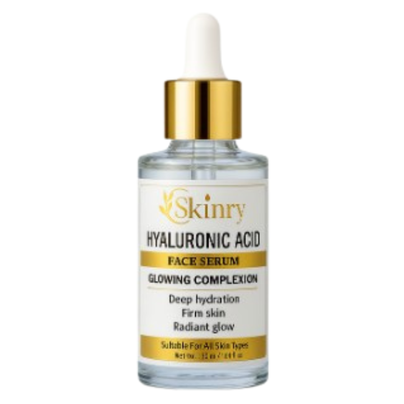Skinry Hyaluronic Acid Face Serum bottle with dropper for deep hydration and glowing complexion