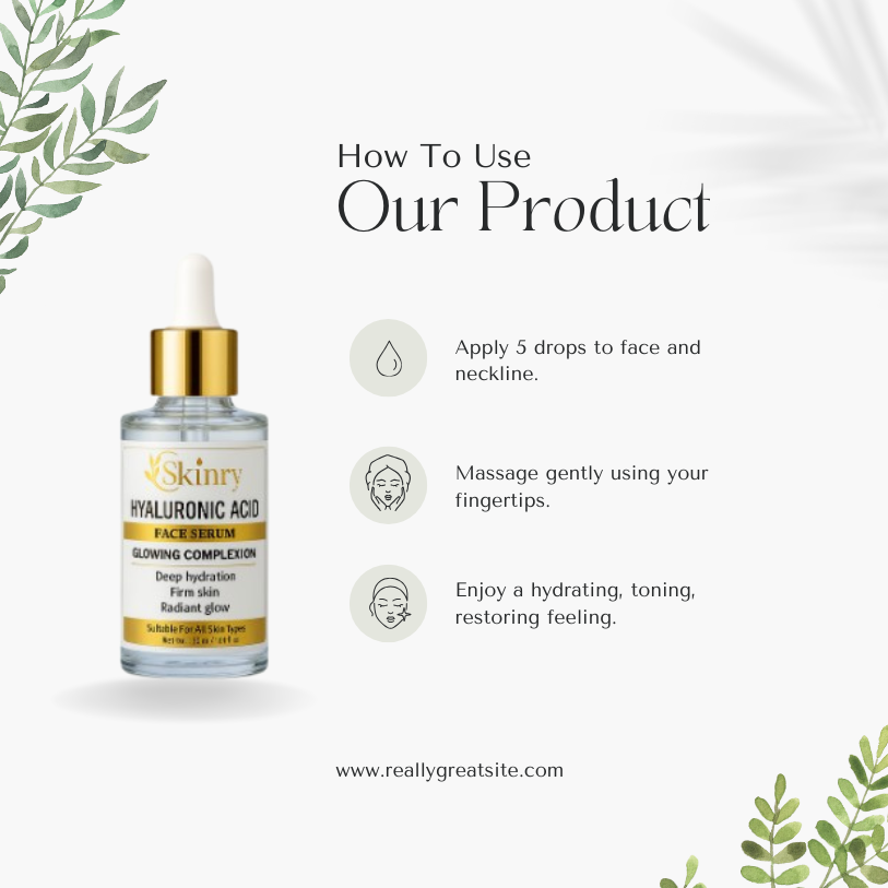 Hyaluronic Acid Face Serum bottle with gold dropper and usage instructions for hydration and skin care