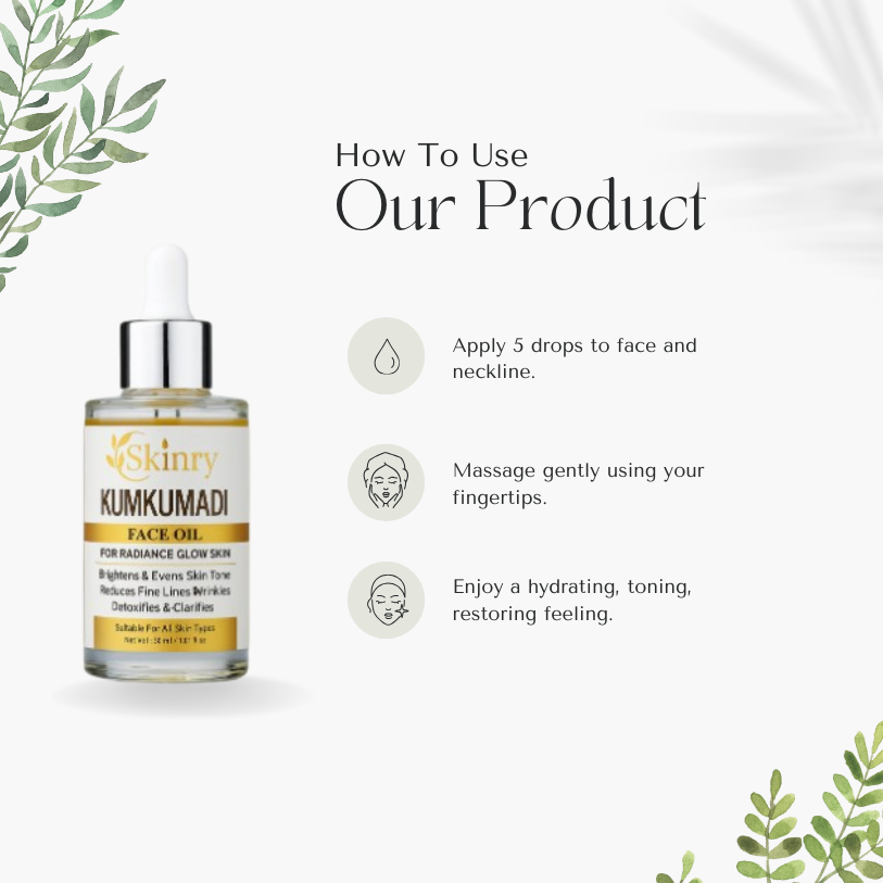 Kumkumadi Face Serum bottle with usage instructions showing how to apply and massage for radiant skin