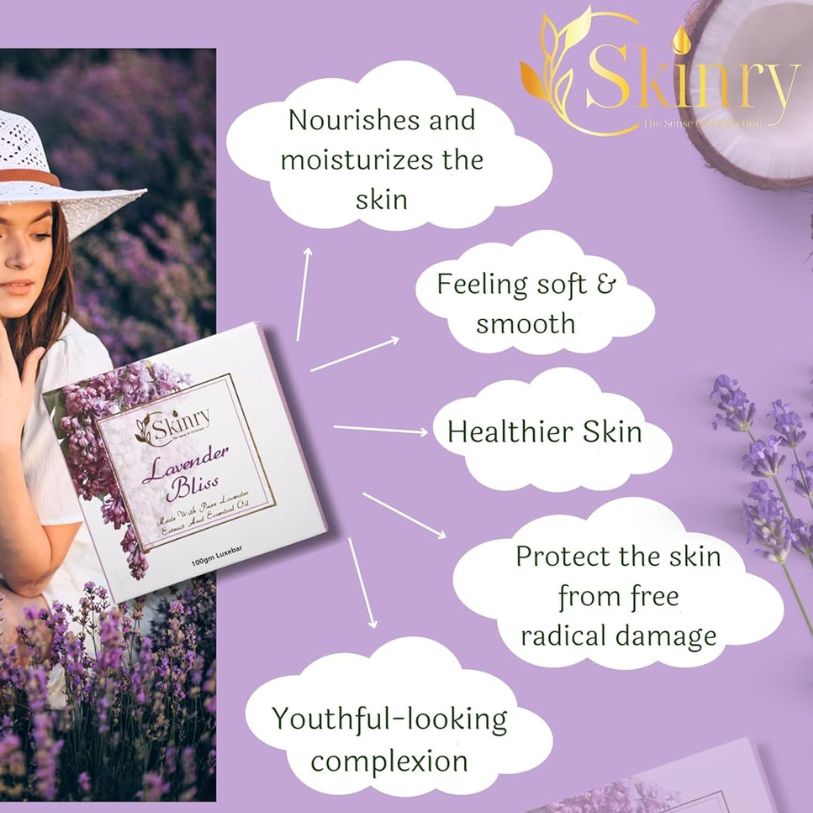 Lavender Bliss box of lavender natural soap displayed with lavender field and woman and benefit callouts