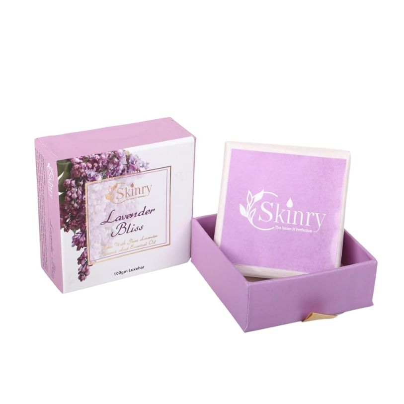 Skinry lavender natural soap bar in purple gift box with floral label for calming skincare use