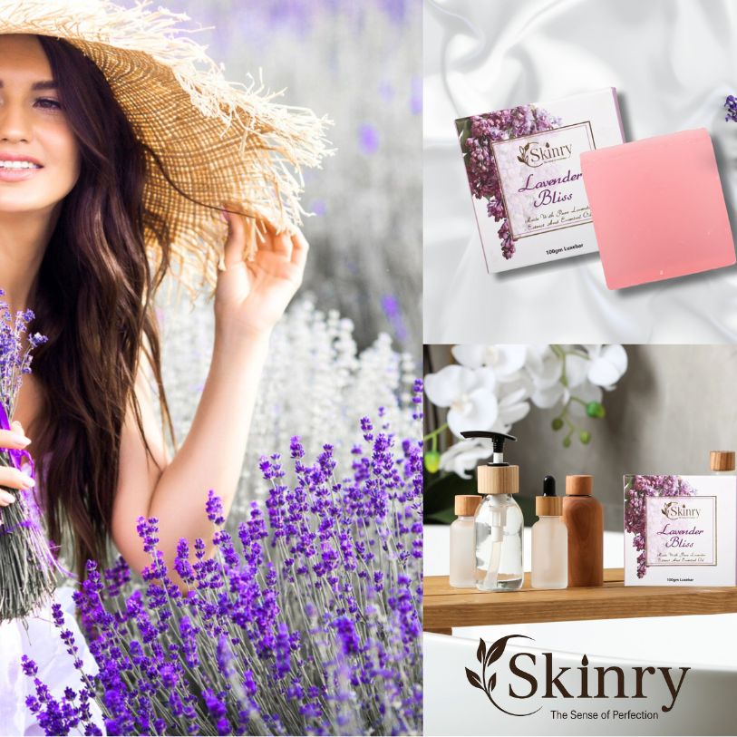 Woman in lavender field with Skinry product display featuring lavender natural soap bar and boxed gift