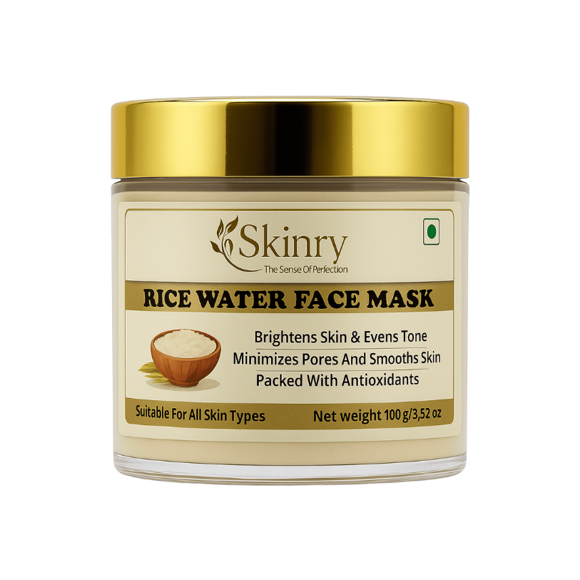 Skinry Rice Water Face Mask jar with gold lid brightens skin and minimizes pores