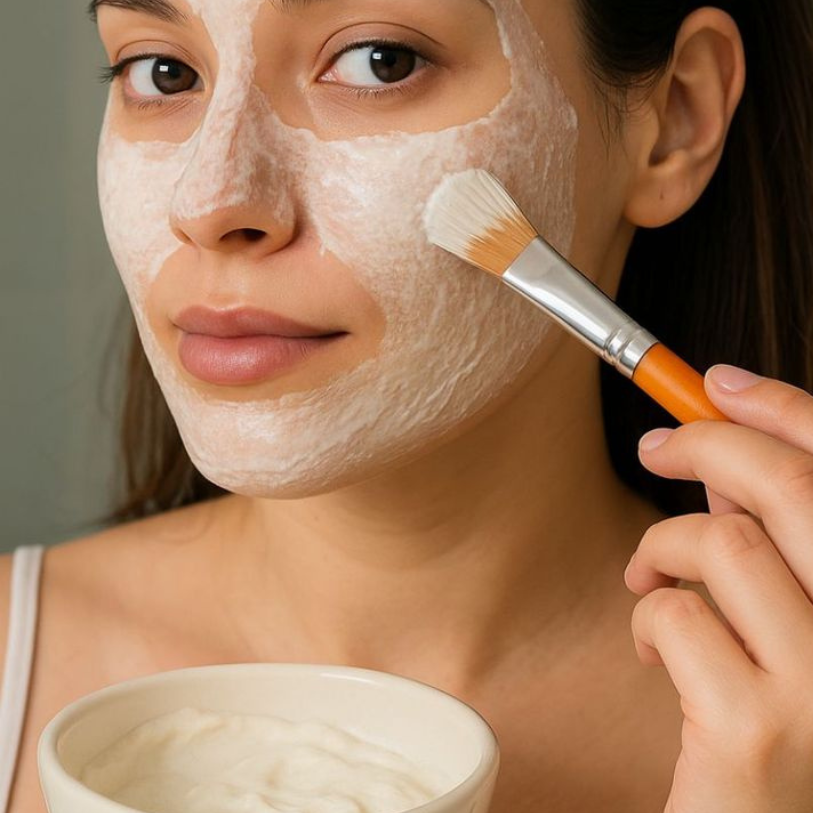 Woman applying Rice Water Face Mask with a brush for smooth and glowing skin
