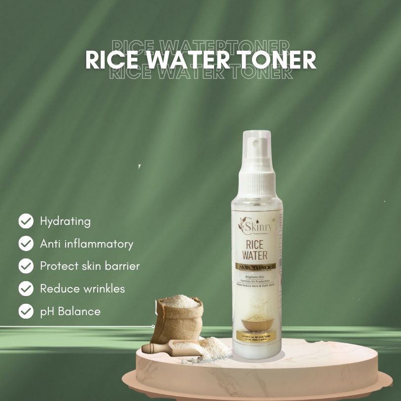 My Store rice water toner for face spray bottle on pedestal with rice sack scoop and green background