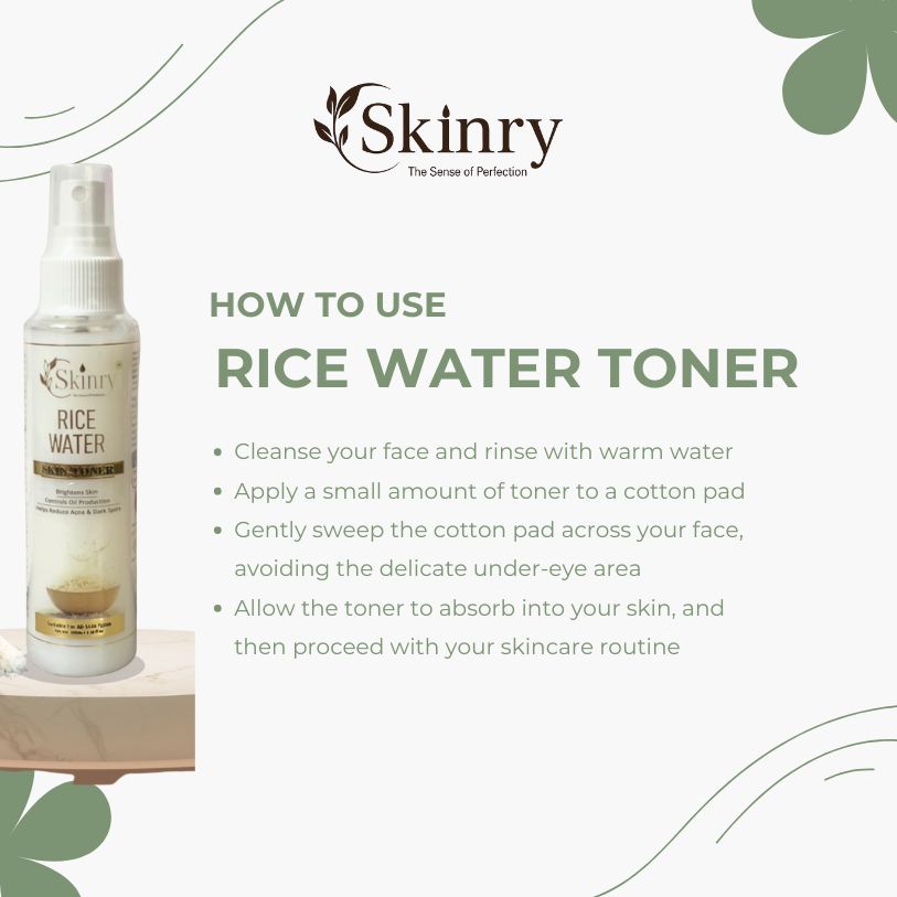 Skinry rice water toner for face spray bottle beside how to use instructions and application steps