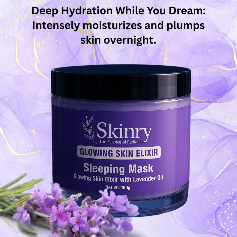 Skinry Glowing Skin Elixir Sleeping Mask with Lavender Oil for deep hydration and plumping skin overnight
