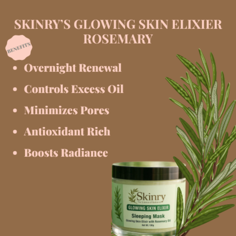 Skinry Glowing Skin Elixir Rosemary sleep mask jar with skincare benefits listed for overnight renewal and radiance