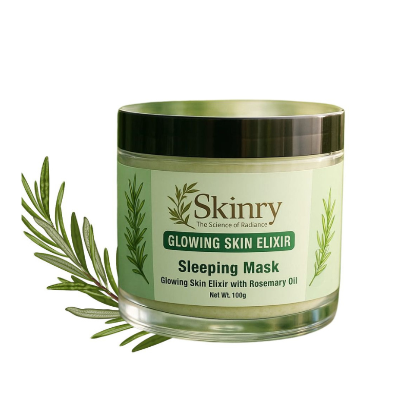 Skinry Glowing Skin Elixir sleep mask with rosemary oil in a 100g jar for radiant skin