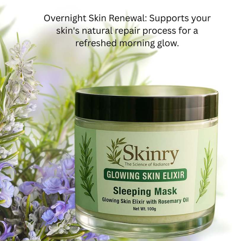 Skinrr glowing skin elixir sleeping mask with rosemary oil for overnight skin renewal and refreshed morning glow