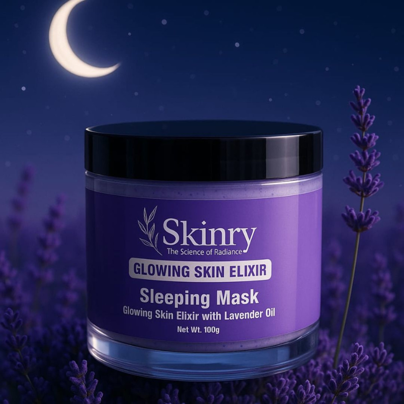 Skinry glowing skin elixir sleeping mask with lavender oil in purple jar under moonlight for sleep mask
