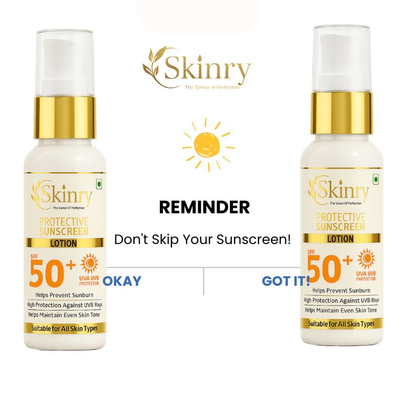 Skinry dual bottle protective sunscreen display with reminder card showing SPF 50 sunscreen lotion