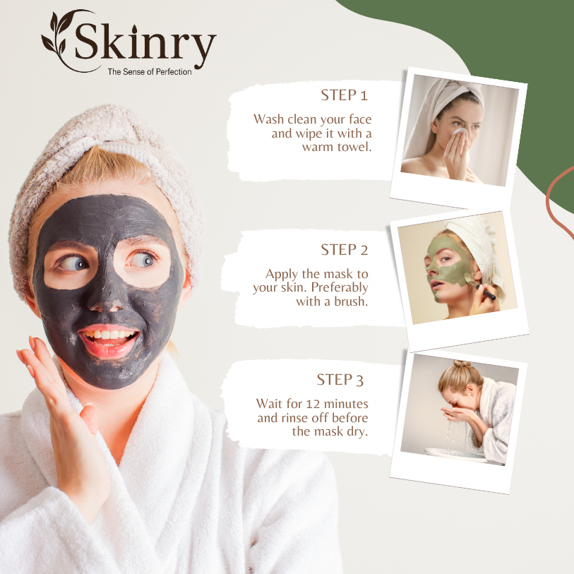 Woman in white robe applying Ubtan Face Mask with step-by-step skincare instructions by Skinry