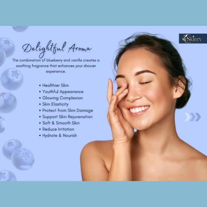 Smiling woman with glowing skin in ad for vanilla and blueberry body wash showing benefits