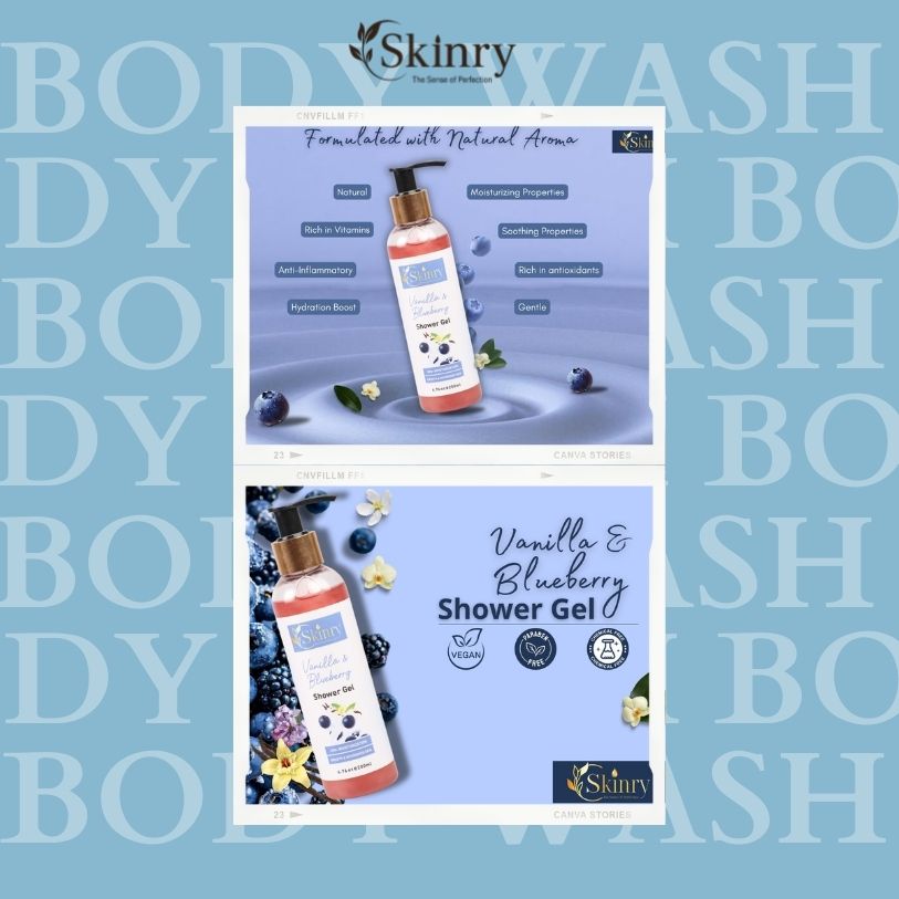 vanilla and blueberry body wash pump bottle with fresh blueberries and vanilla flowers on blue backdrop