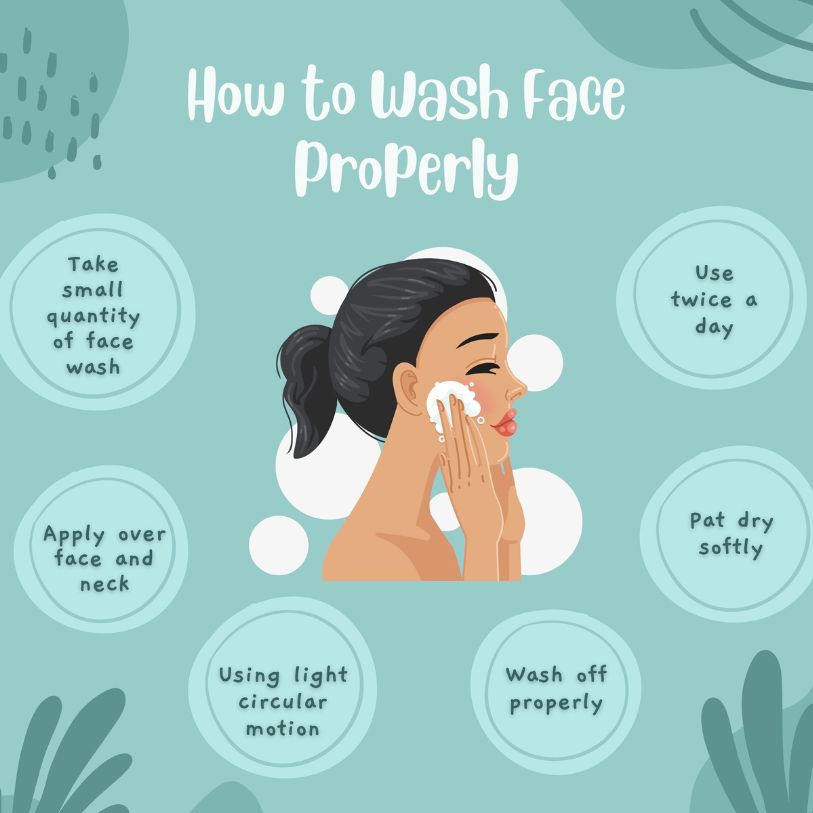 How to wash face properly infographic showing woman cleansing with steps using vitamin c face wash for glowing skin