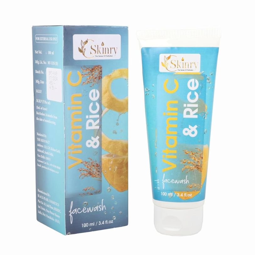 Skinry Vitamin C and Rice facewash tube and box 100 ml showing product packaging vitamin c face wash for glowing skin