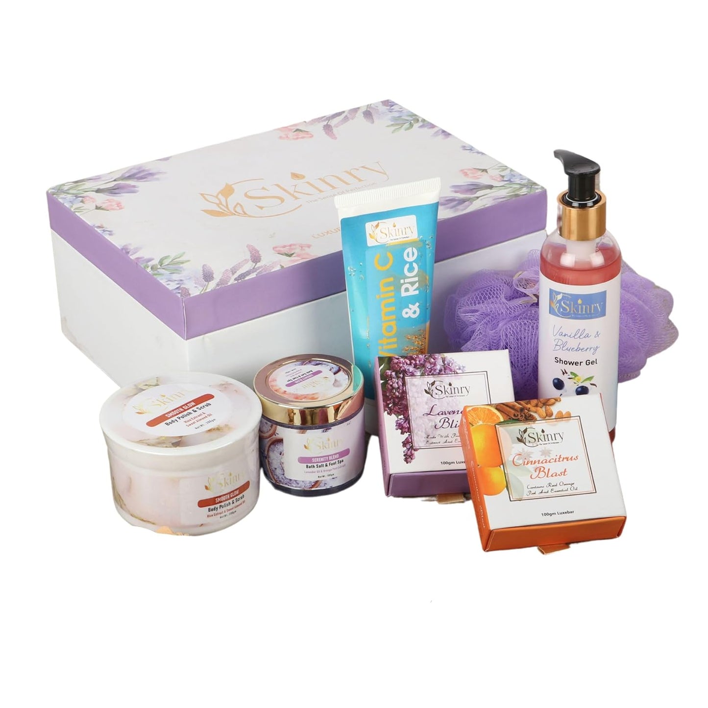 luxury bath gift set with floral gift box including shower gel body scrub soap bars cream and bath pouf