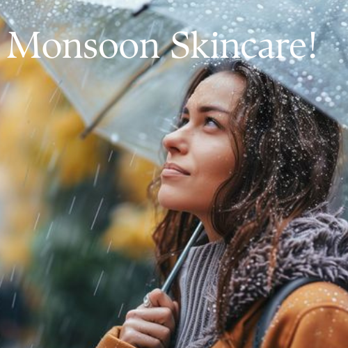 Young woman under transparent umbrella with raindrops in rain wearing coat and scarf looking up monsoon skincare tips