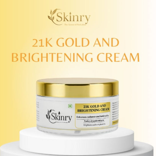Skinry jar of 21K gold brightening cream in white pot with gold lid on pedestal yellow background