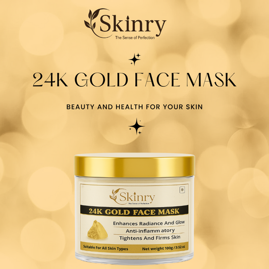 Skinry 24K GOLD FACE MASK jar with gold lid for enhancing skin radiance and firming skin
