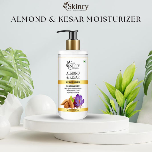 Skinry almond and kesar moisturizer pump bottle with almonds and saffron on label for deep hydration