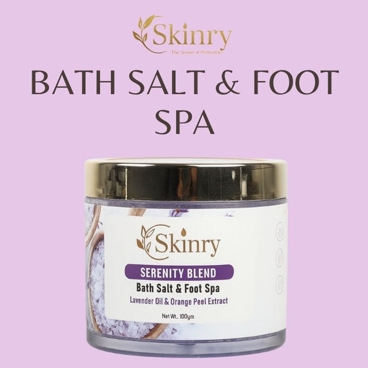 Skinry Serenity Blend jar of bath salt and foot spa with lavender oil and orange peel extract on pink background