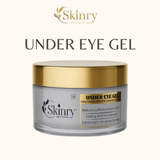 Skinry Under Eye Gel jar with gold lid and product label on cream background showing cooling formula best eye gel for puffiness