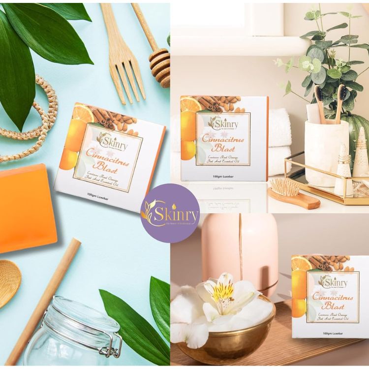 cinnamon citrus soap boxed and bar display with cinnamon sticks orange slices and spa props