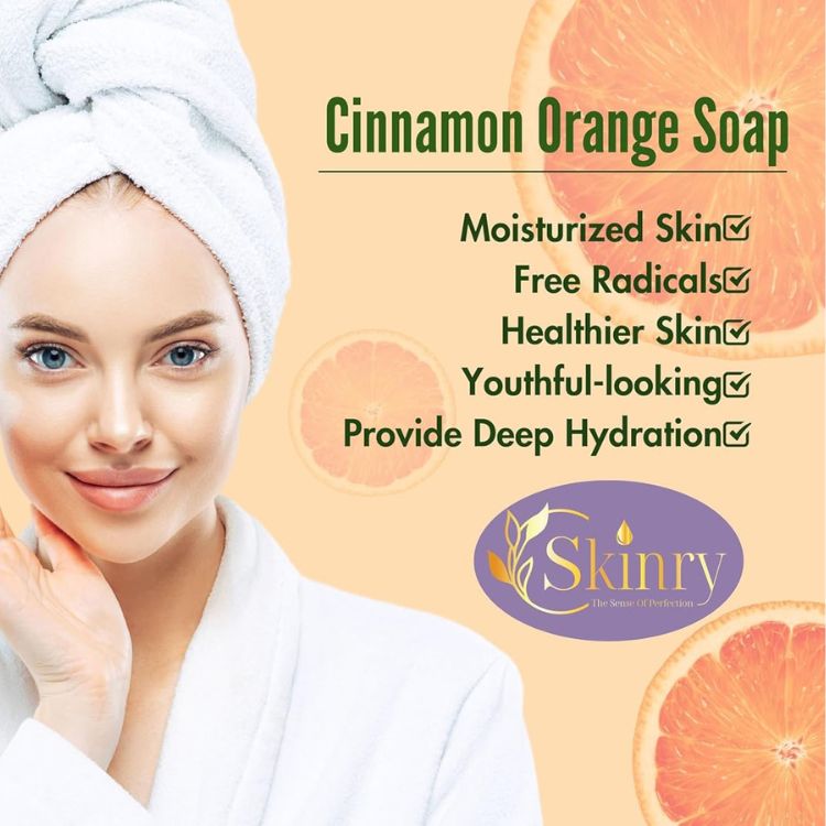 Smiling woman in towel with citrus slices and cinnamon citrus soap ad highlighting moisturizing benefits