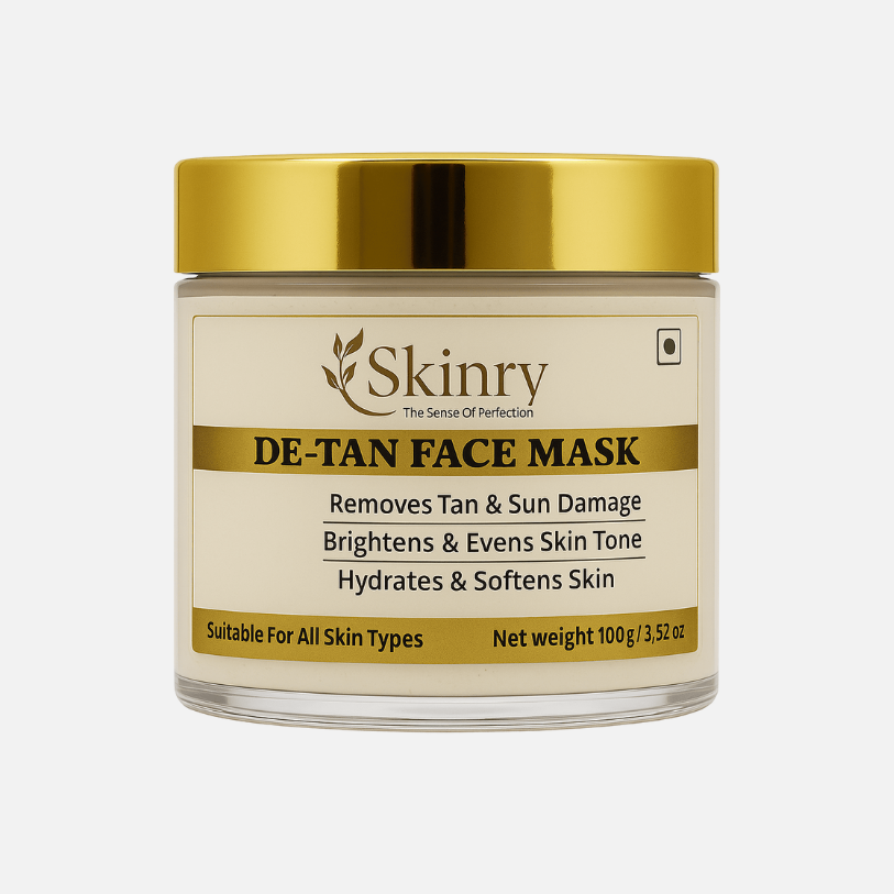 Skinry De-tan Face Mask jar with gold lid for removing tan and sun damage, brightening and hydrating skin