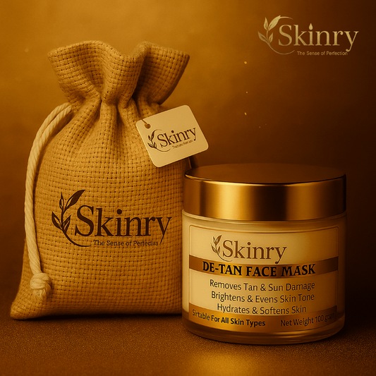 Skinry De-tan Face Mask jar with golden lid and textured drawstring pouch for skin brightening